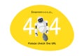 Website page not found URL error 404. Broken robot character on yellow background. Site crash on technical work web Royalty Free Stock Photo