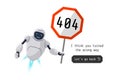 Website page not found. Wrong URL address error 404. Smiling robot character holding red road sign. Site crash on Royalty Free Stock Photo