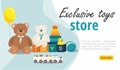 Website page template. Clorful Kids toys. Teddy Bear, wooden toy train, pyramid and other Royalty Free Stock Photo