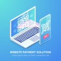 Website payment solution isometric banner. 3d QR code payment on website concept. Smartphone scanning barcode on laptop