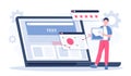 Website prototyping concept. Man near huge laptop develops design elements for web pages. Graphic designer and