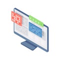 Website rating isometric icon. Monitor with quality stars and coding program.