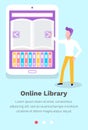 Website for reading books online vector illustration. Man points to electronic library on the screen Royalty Free Stock Photo