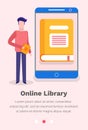 Website for reading books online vector illustration. Man is using electronic library on his phone Royalty Free Stock Photo