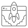 Website and Rocket Launch thin line icon, startup concept, Site launch sign on white background, rocket launching from