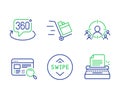 Website search, Swipe up and Business targeting icons set. Push cart, 360 degree and Typewriter signs. Vector