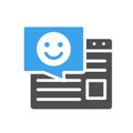 Website with speech bubble and happy face colored icon. User feedback, approving article symbol