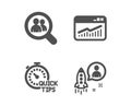 Website statistics, Quick tips and Search employees icons. Startup sign. Vector