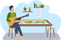 Website study guitar play. Guitarist is making music. Musician on background of board game