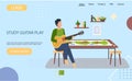 Website study guitar play. Guitarist is making music. Musician on background of board game