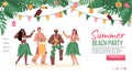 Website for summer beach party with Hawaiian dancers cartoon vector illustration.