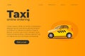 Website taxi themed page template with small car with taxi grid symbols. Realistic small taxi city car Royalty Free Stock Photo