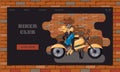 Website template of biker club for representatives o rocker subculture. Female biker posing on motorcycle against brick wall