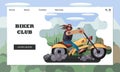 Website template of biker club for representatives of rocker subculture. Brutal biker is riding motorcycle along highway