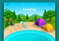 Website template design. Isometric concept Adventures, travel and eco tourism concept. Touristic camp tent