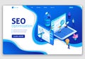 Website template design SEO analytics landing page. Isometric Search engine optimization analysis concept. IT specialists working