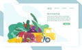 Website template with giant vegetables, truck and tiny people or farmers. Organic fresh food. Agriculture or farm market