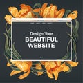 Template for landing page, mobile website, web page with blooming yellow tulips flowers and leaves.