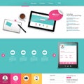 Website Template Vector Design with realistic still life illustration, tablet, coffee, notebook. Royalty Free Stock Photo