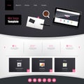 Website Template Vector Design with realistic still life illustration, tablet, coffee, notebook. Royalty Free Stock Photo