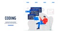 Website template for writing app code and testing computer software, flat vector Royalty Free Stock Photo