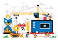 The website is under construction. Error page, maintenance. Construction site, machinery, crane, workers, computer Royalty Free Stock Photo