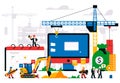 The website is under construction. Error page, maintenance. Construction site, machinery, crane, workers, computer Royalty Free Stock Photo