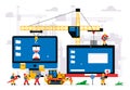 The website is under construction. Error page, maintenance. Construction site, machinery, crane, workers, computer Royalty Free Stock Photo