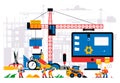 The website is under construction. Error page, maintenance. Construction site, machinery, crane, workers, computer