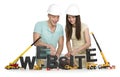 Website under construction: Joyful man and woman building website-word.