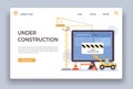 Website under construction. Landing page of developing site with crane, bulldozer and barrier. Webpage building work process Royalty Free Stock Photo