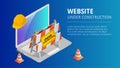 Website under construction page background vector illustration. Flat isometric style vector illustration. Royalty Free Stock Photo