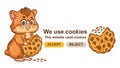 Website use cookies tracking, accept web data security policy. Cute hamster character bite biscuit. Webpage interface. Vector