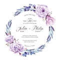 Wedding invitation card on white background. Vector. Purple rose, Wax flower, Silver dollar plant. Royalty Free Stock Photo