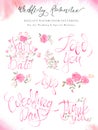 Weddimg lettering calligraphy set with elegant pink design. Royalty Free Stock Photo