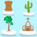 Vector Illustration of Icon paper, cactus, wood, church on Clouds Royalty Free Stock Photo