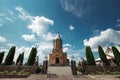 Wedding accessories and interior in Saint Trinity Orthodox Convent including two candlesticks with many candles, flowers, icons Royalty Free Stock Photo