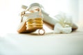 Wedding rings and bridesmaid shoes Royalty Free Stock Photo