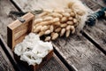 Wedding accessories on a wooden background