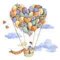 Wedding on the air balloon with hearts, flowers, clouds, bride and groom.Hand drawn illustration.