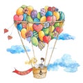 Wedding on the air balloon with hearts, flowers, clouds, bride and groom.