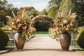 Wedding aisle, floral decor and marriage ceremony, autumnal flowers and decoration in the English countryside garden, autumn