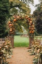 Wedding aisle, floral decor and marriage ceremony, autumnal flowers and decoration in the English countryside garden, autumn