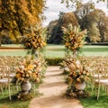 Wedding aisle, floral decor and marriage ceremony, autumnal flowers and decoration in the English countryside garden, autumn