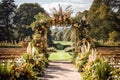 Wedding aisle, floral decor and marriage ceremony, autumnal flowers and decoration in the English countryside garden, autumn Royalty Free Stock Photo