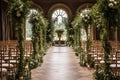 Wedding aisle, floral decor and marriage ceremony, autumnal flowers and venue decoration in the English countryside estate mansion