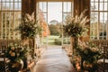 Wedding aisle, floral decor and marriage ceremony, autumnal flowers and venue decoration in the English countryside estate mansion