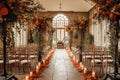 Wedding aisle, floral decor and marriage ceremony, autumnal flowers and venue decoration in the English countryside estate mansion Royalty Free Stock Photo