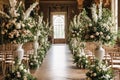 Wedding aisle, floral decor and marriage ceremony, autumnal flowers and venue decoration in the English countryside estate mansion