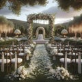 Wedding altar decorated with white roses, peonies, and ivy leaves, tumbling down in a flowery waterfall placed in the garden Royalty Free Stock Photo